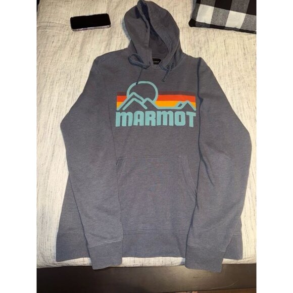 Marmot Dark Gray Graphic Logo Pullover Hoodie Sweatshirt Size M - Picture 1 of 3